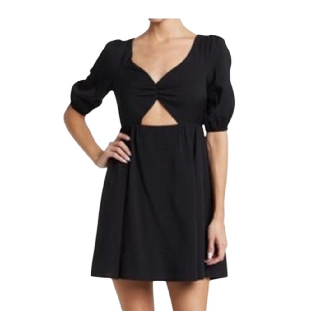 By Together black mini dress features puff sleeves knotted bust cut-out detail S